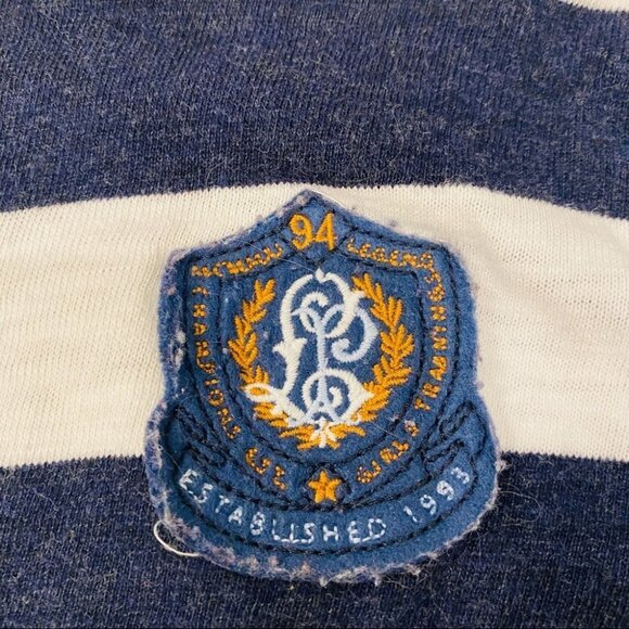 H&M Navy Blue & White Striped Nautical Sweatshirt Elbow Patches Crest Sz S - Picture 6 of 15